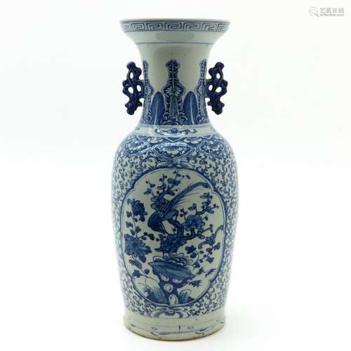 A Blue and White Vase Depicting florals and brids ...