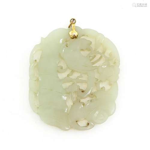 A Carved Jade Pendant Depicting bird with flowers,...