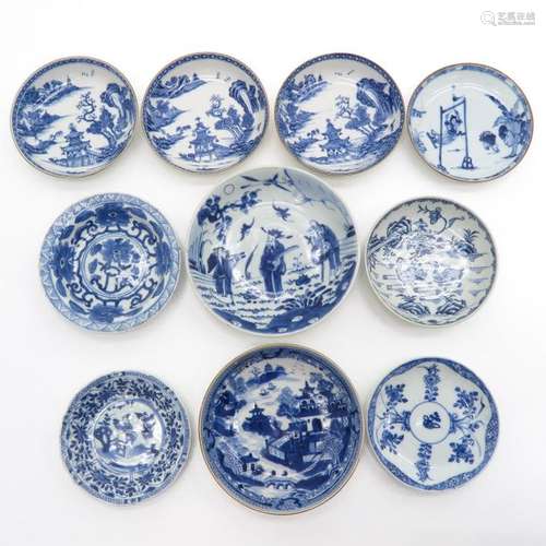 Lot of 10 Blue and White Plates In diverse pattern...