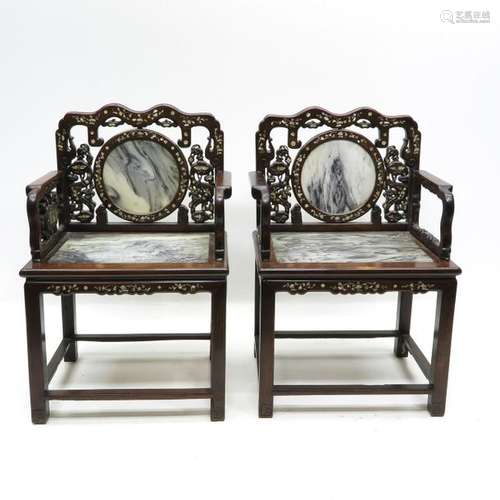 A Pair of Mother of Pearl Inlay Chinese Arm Chairs...