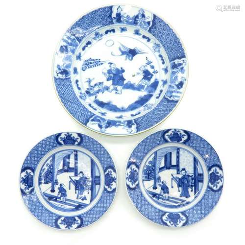 A Lot of 3 Blue and White Plates Largest plate is ...