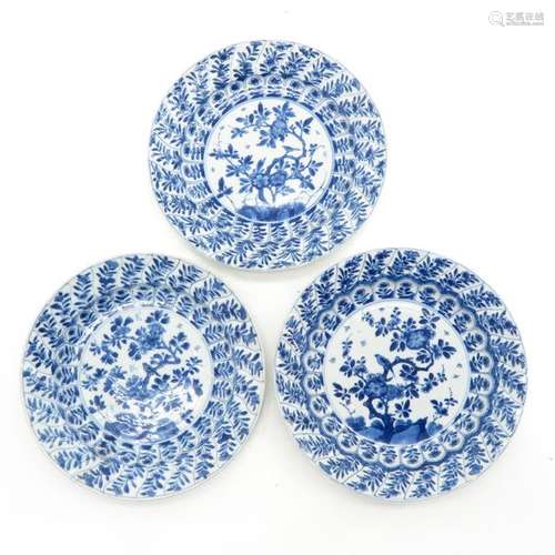 A Series of 3 Blue and White Plates Floral and bir...