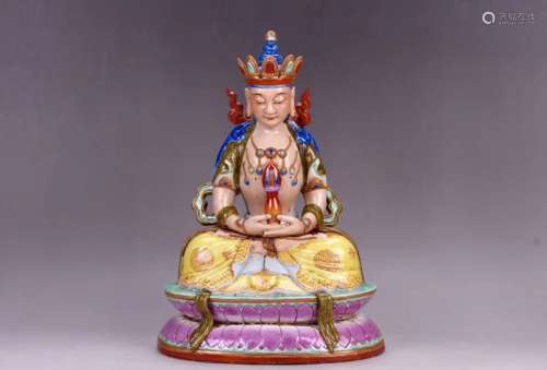 A FAMILLE ROSE FIUGRE OF BUDDHA, QIANLONG MARK