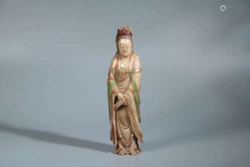A SOAPSTONE CARVED FIGURE OF GUANYIN