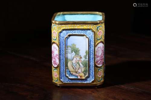 A SMALL PAINTED ENAMEL BRUSH POT