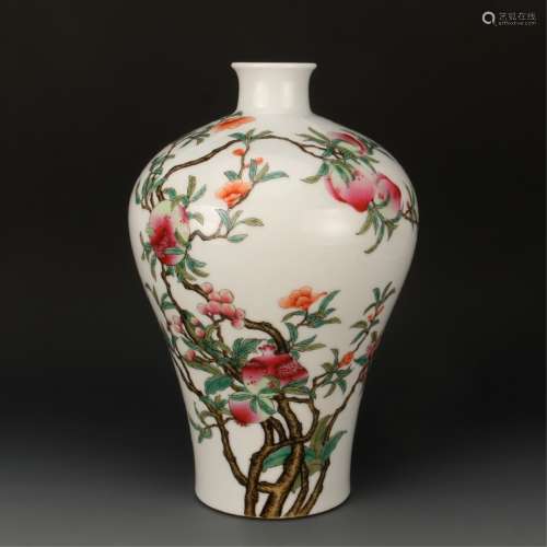 A FAMILLE ROSE 'PEACH' MEIPING VASE, QIANLONG MARK