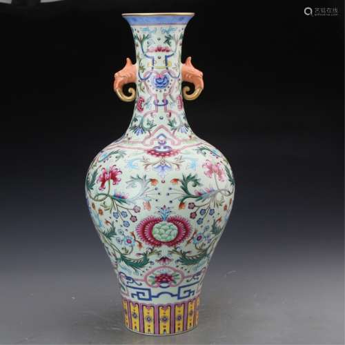 A GILT-DECORATED FAMILLE ROSE VASE, QIANLONG MARK