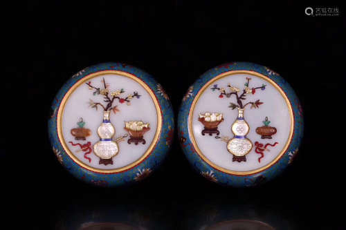 A PAIR OF BRONZE ENAMEL COVERED BOXES WITH TREASURES