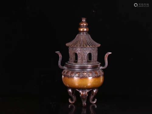 17-19TH CENTURY, A PALACE DOUBLE-EAR BRONZE CENSER WITH WOOD COVER, QING DYNASTY