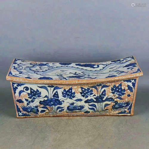 13TH-14TH CENTURY, A BLUE & WHITE STRIPPING GLAZE PORCELAIN PILLOW, YUAN DYNASTY