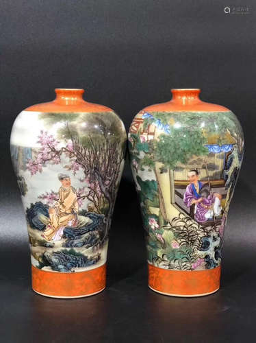 A PAIR OF STORY DESIGN PLUM VASES