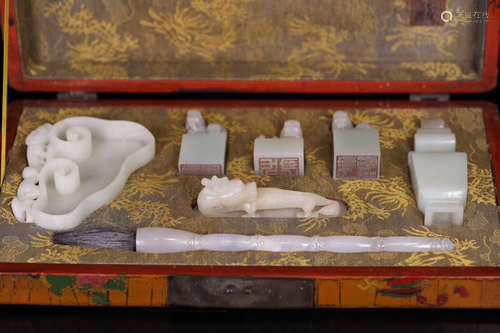 17TH-19TH CENTURY, A SET OF OLD HETIAN JADE TOOLS FOR WRITING AND DRAWING, QING DYNASTY