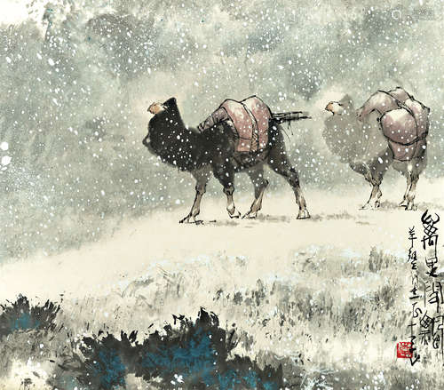 李山 雪中行 立轴 设色纸本