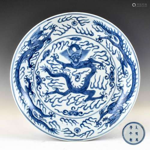 WANLI BLUE AND WHITE DRAGON PLATE