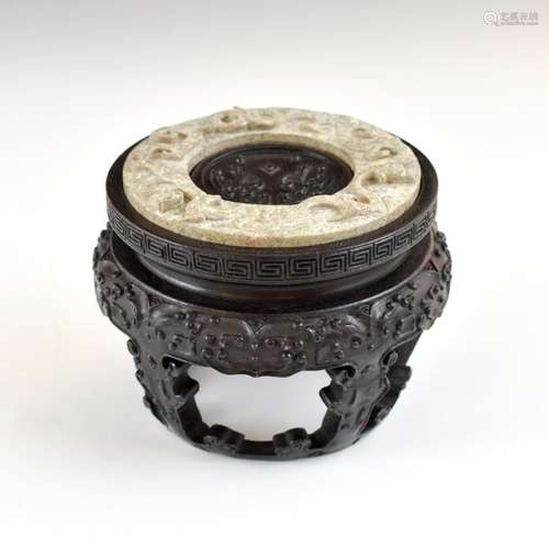 ANTIQUE JADE DRAGON RELIEF COIN BI DISK ON STAND