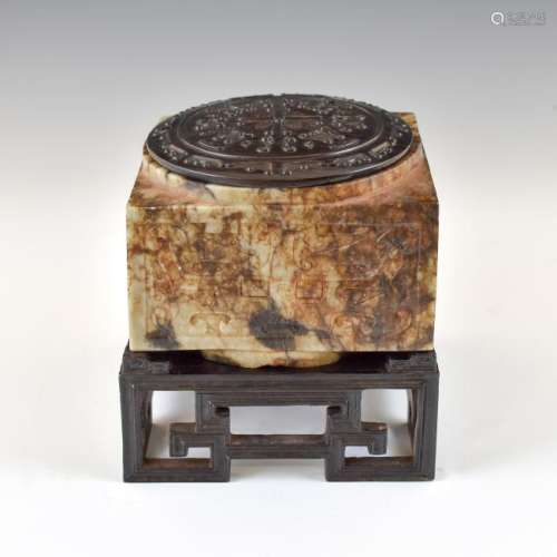ANTIQUE JADE CONG VASE WITH WOODEN LID & STAND