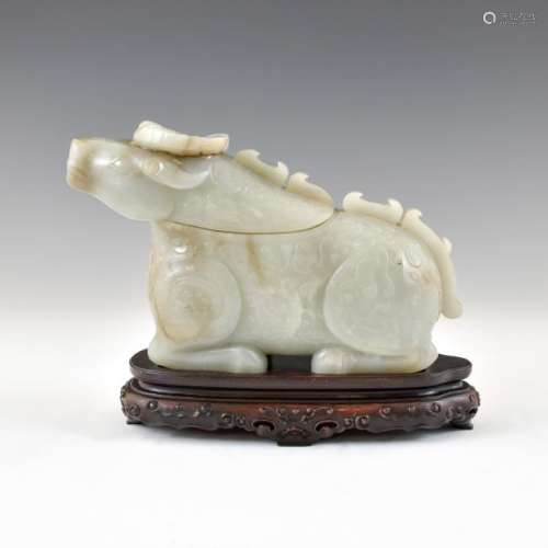 JADE CARVED WATER BUFALLO GONG ON STAND