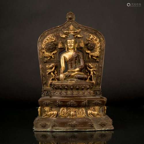 QING GILT BRONZE SHAKYAMUNI BUDDHA & TORANA