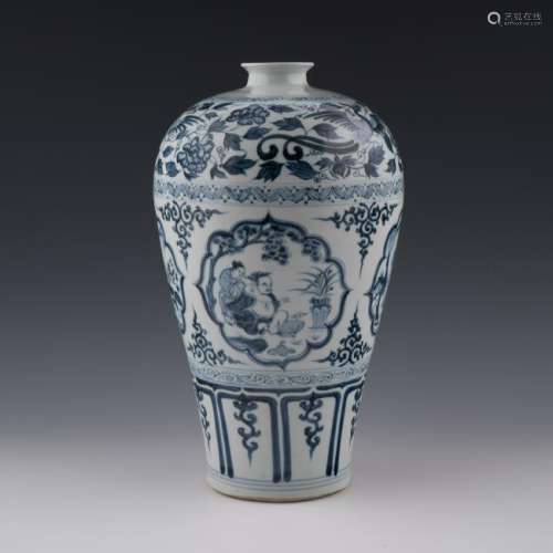 YUAN BLUE & WHITE OPEN FACE FIGURINES MEIPING VASE