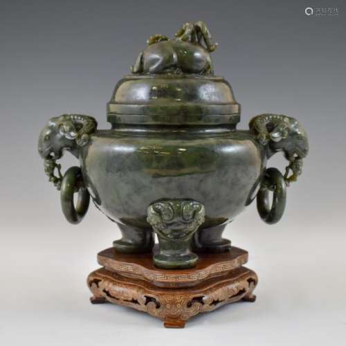 CHINESE GREEN JADE TRIPOD CENSERS ON STAND