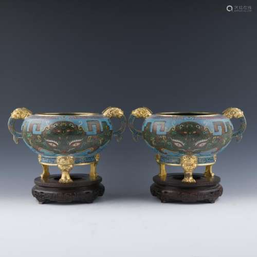 PAIR OF GILT BRONZE CLOISONNE CENSERS ON STAND