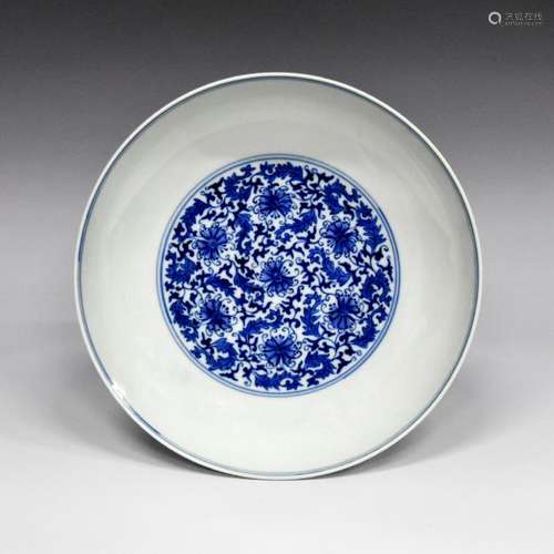 YONGZHENG BLUE UNDERGLAZED LOTUS MOTIF PORCELAIN DISH