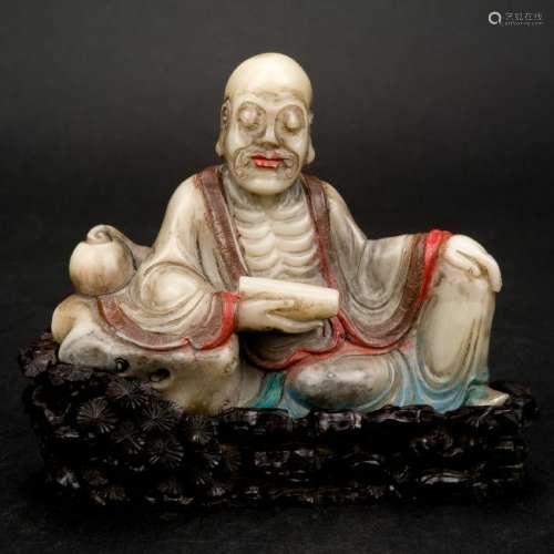 19TH C CARVED SHOUSHAN STONE OF SEATED LUOHAN