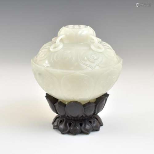 WHITE JADE MARRIAGE LIDDED BOWL ON STAND