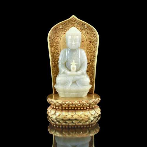 JADE CARVED BUDDHA ON GILT BRONZE AUREOLE & THRONE