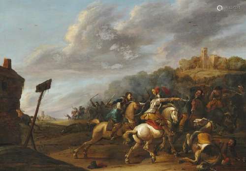 Simon Johannes van Douw: A cavalry skirmish. Signed S.