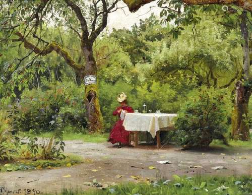 Peder Mønsted: An elegant woman in red dress sitting at