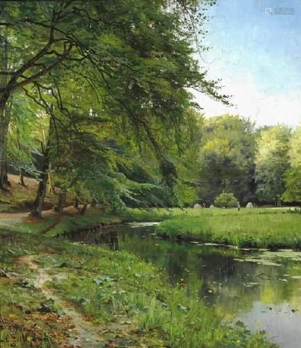 Peder Mønsted: A clearing in the forest at a stream