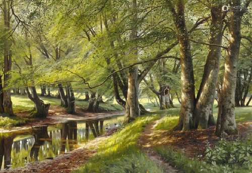 Peder Mønsted: A summer day in the forest with deer in