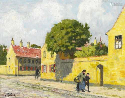 Paul Fischer: View from Nyboder, Copenhagen. Signed