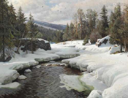 Peder Mønsted: A day in April with spring thaw. Signed