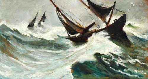 Christian Krohg: Ships in a hurricane. Signed C. Krohg