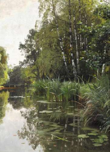 Peder Mønsted: A summer day at a stream in the forest.