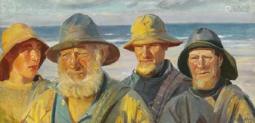 Michael Ancher: Four fishermen standing in the sunshine