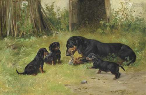 Simon Simonsen: Dachshund with three puppies. Signed