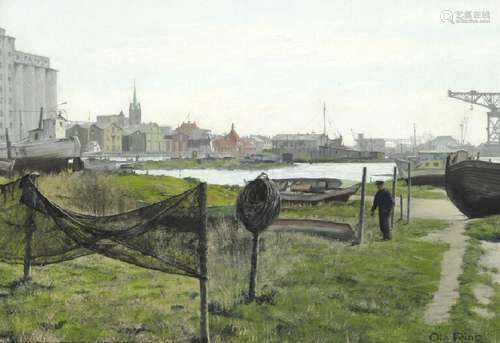 Ole Ring: View of Nakskov harbour. Signed Ole Ring. Oil