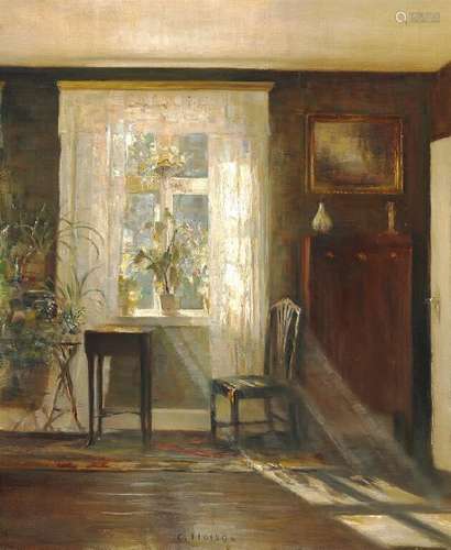 Carl Holsøe: Sunshine in the living room. Signed C.