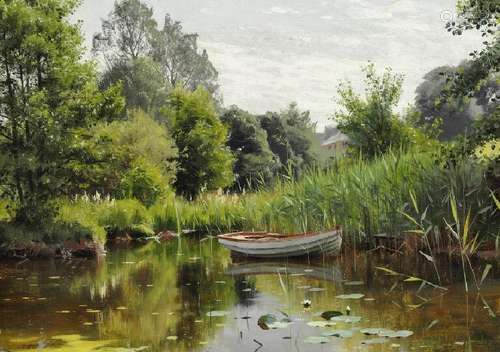 Peder Mønsted: A forest lake with a rowboat, in the