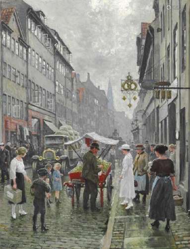 Paul Fischer: Street life in Borgergade in Copenhagen