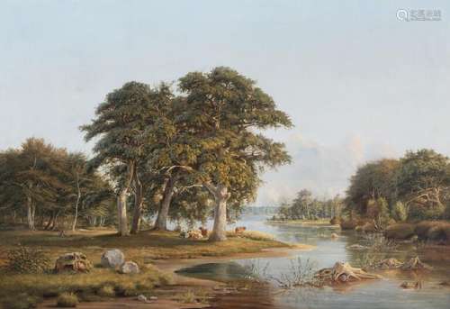 Ferdinand Richardt: A view from Gurre Lake. Signed and