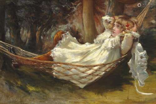 William Mainwaring Palin: A girl in a hammock. Signed