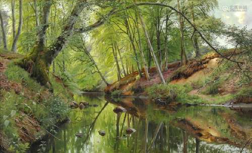 Peder Mønsted: The beeches are reflected in a stream in