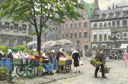 Paul Fischer: Women selling flowers at Højbro Plads, in