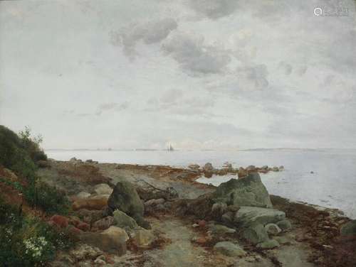 Janus la Cour: View from Moesgaard beach. Signed and