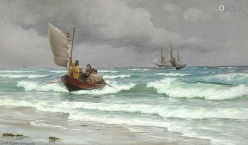 Carl Locher: Men in a rowboat and a three-masted vessel