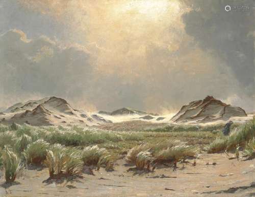 Laurits Tuxen: Strong wind in the dunes, Skagen. Signed